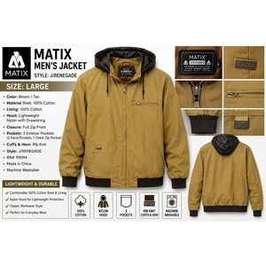 Matix Renegade Jacket Mens Large Mustard Tan Cotton Canvas Hooded‎ Bomber Zip Up